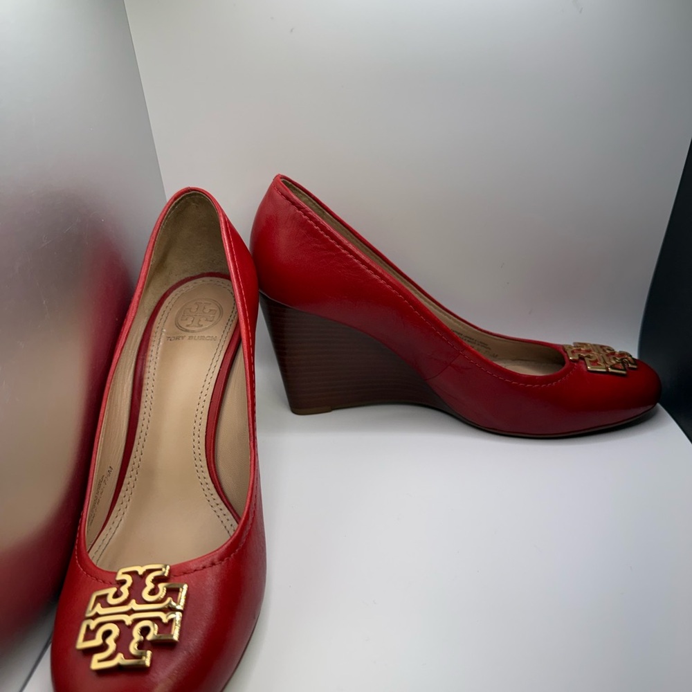 Tory Burch Scarlet Red Wedges with Gold Accent